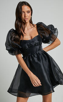 Ariya Mini Dress - Organza Puff Sleeve Dress in Black