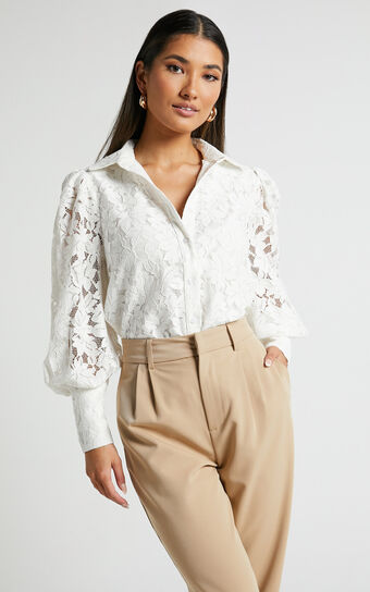 Meghan Shirt - Ballon Long Sleeve Lace Button Up Shirt in White