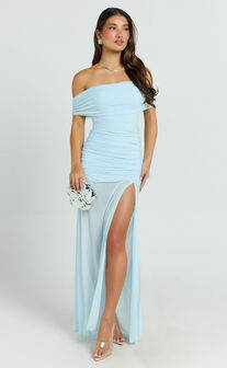 Leticia Maxi Dress - Mesh Off Shoulder Ruched High Split Dress in Blue