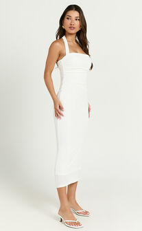 Lila Midi Dress - Halterneck Ruched Bodycon Dress in Off White