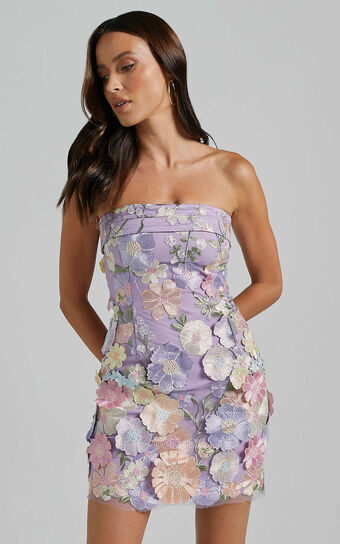 Wren Mini Dress - Strapless Bodycon Garden Flowers Dress in Lilac