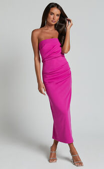Calanthe Midi Dress - Strapless Tuck Detail Dress in Orchid