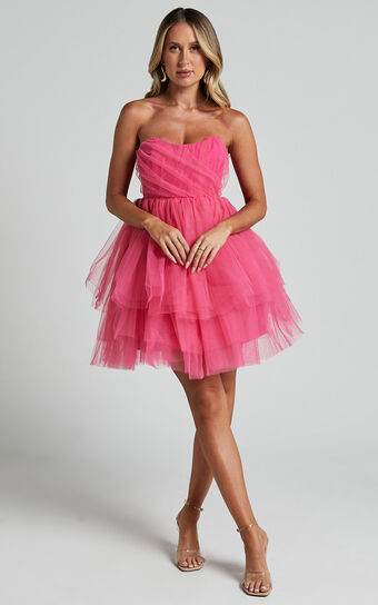 Stephy Mini Dress - Strapless Tiered Tulle in Pink