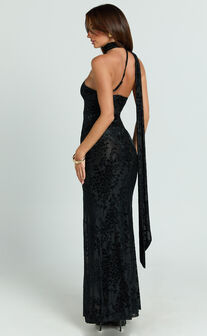 Milano Maxi Dress - One Shoulder Scarf Tie Neck Bodycon Dress in Black