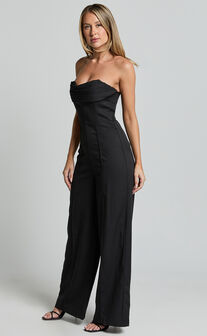 Stacey Jumpsuit - Strapless Cowl Wide Leg Jumpsuit in Black