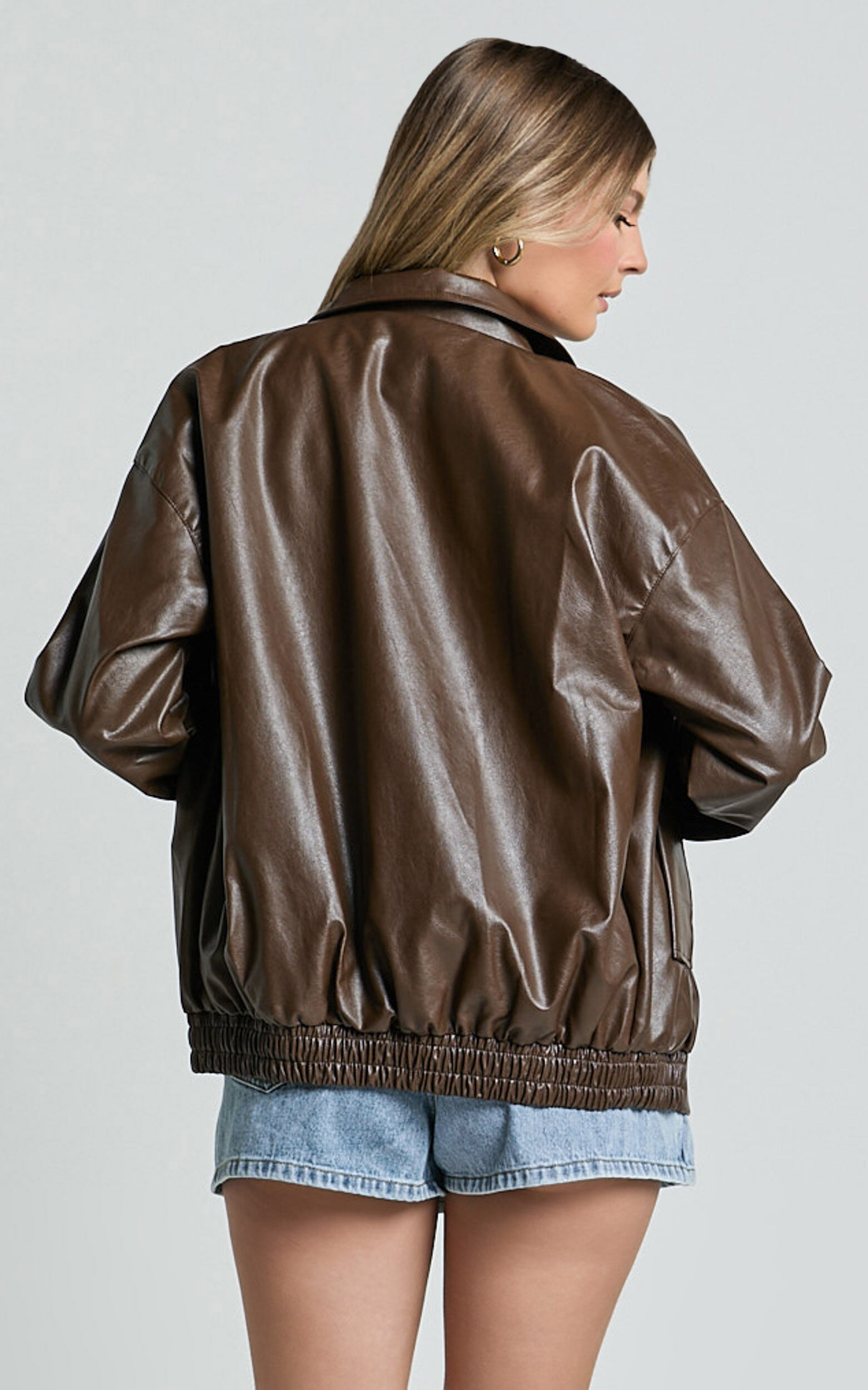 Chloe Jacket Faux Leather Bomber Jacket in Brown Showpo NZ