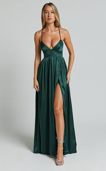 I Want The World To Know Midi Dress - Thigh Split Tie Back Dress in Emerald
