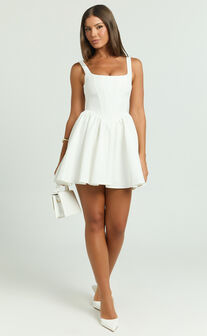 Aimee Mini Dress - Scoop Neck Corset Gathered Dress in White