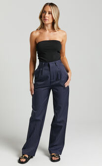 Iyah Pants - High Waisted Tailored Pants in Navy Pinstripe