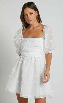 Ambera Mini Dress - Short Puff Sleeve Ruched Bodice A Line Dress in White