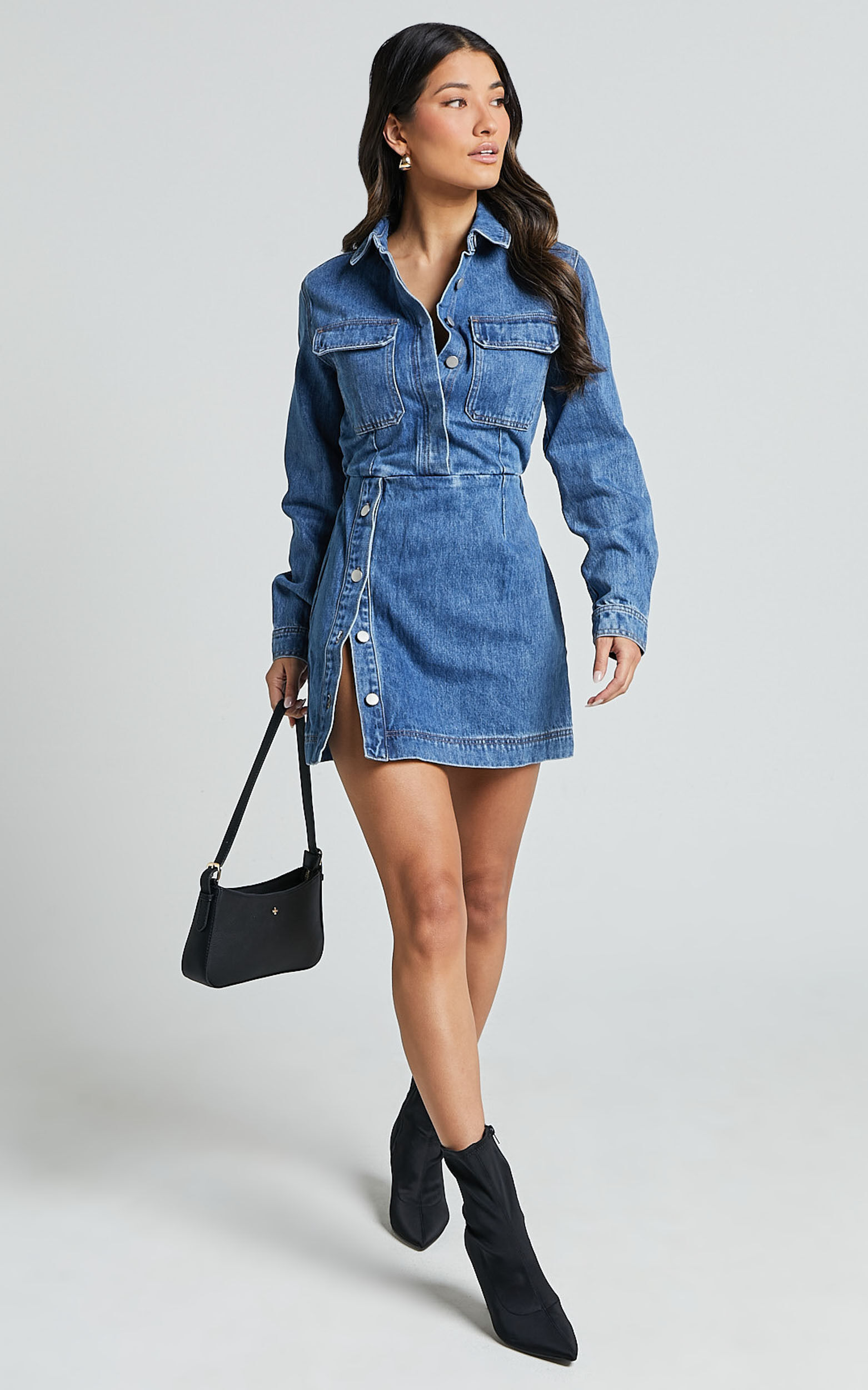 Ainsley Mini Dress Button Through Long Sleeve Denim Dress in Mid Blue Wash Showpo USA