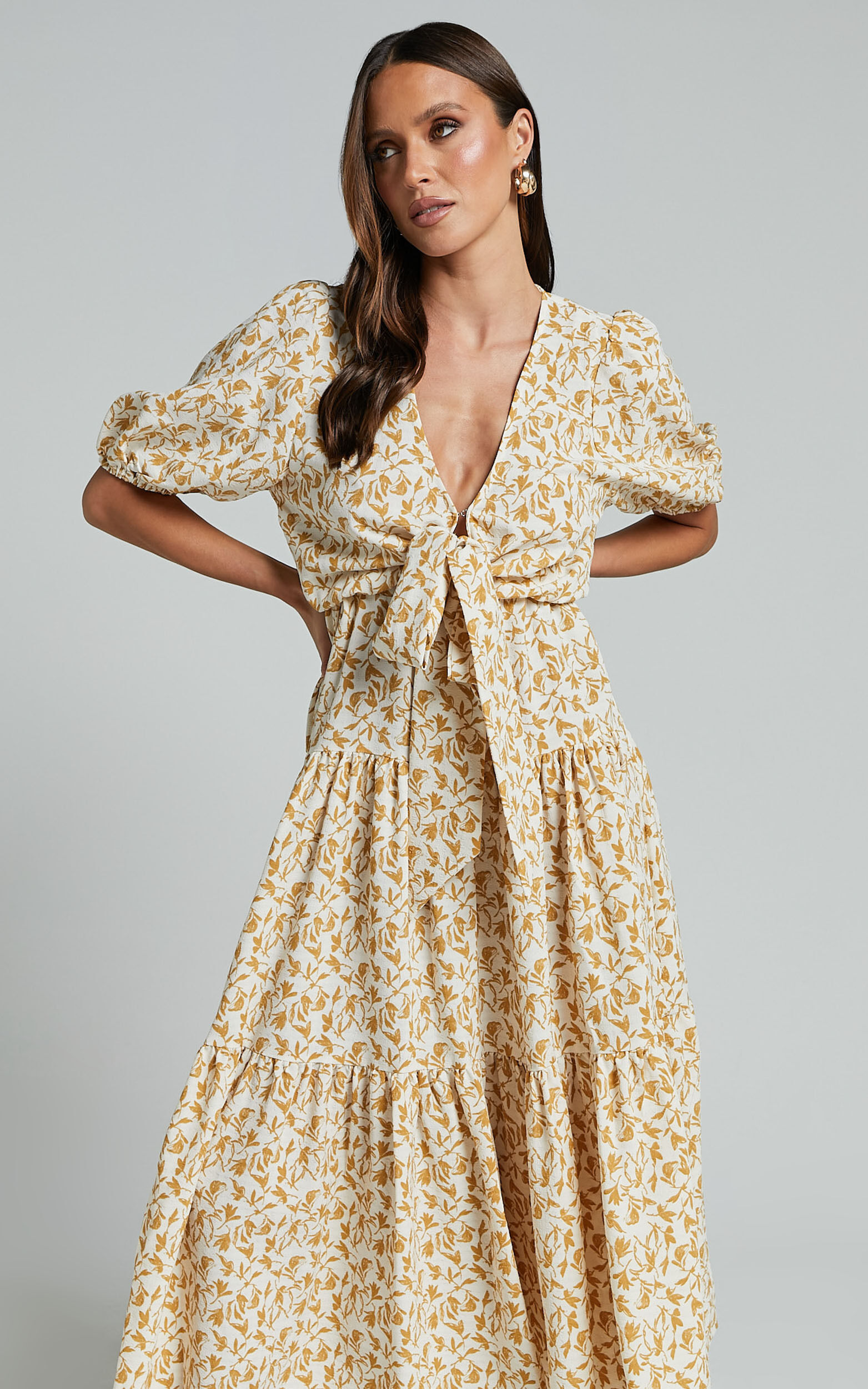 Alena Midi Dress Short Puff Sleeve Tie Front Tiered Dress in Golden Floral Showpo