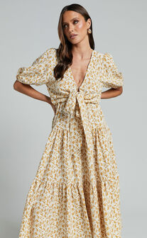 Alena Midi Dress - Short Puff Sleeve Tie Front Tiered Dress in Golden Floral