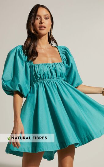 Amalie The Label - Hamyya Linen Blend Puff Sleeve Tie Back Babydoll Mini Dress in Moss