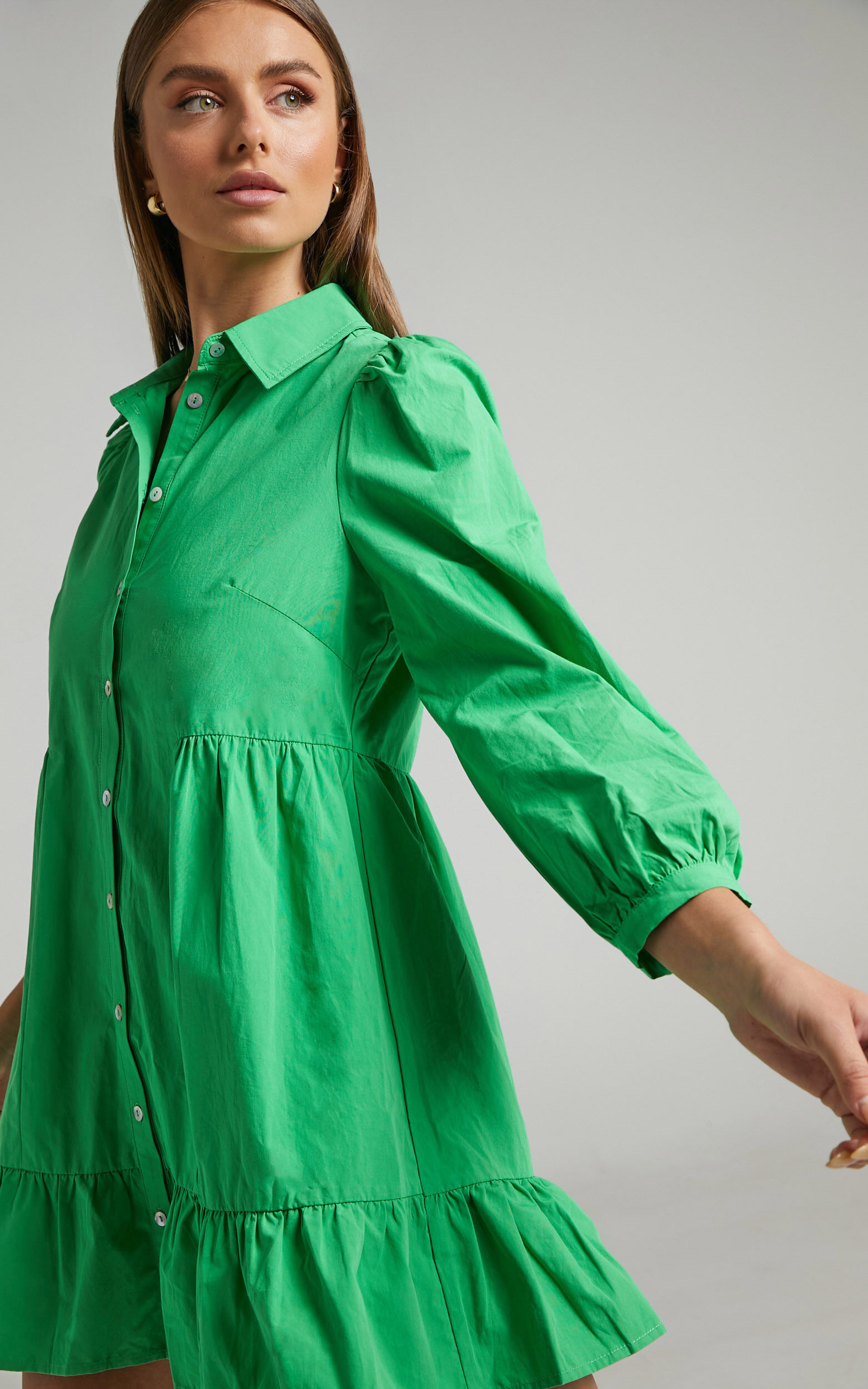 Maulee Mini Dress Frill Hem Shirt Dress in Green Showpo USA