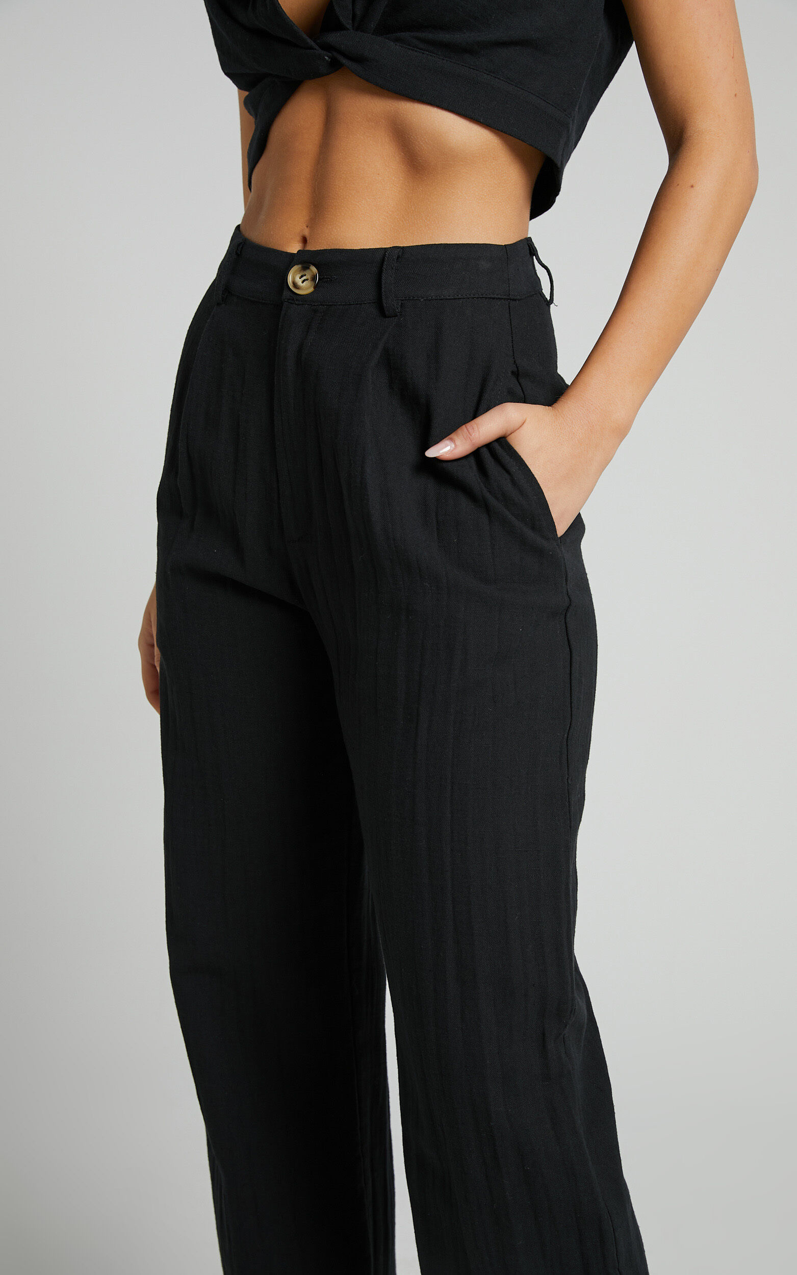 Larissa Trousers - Linen Look Mid Waisted Relaxed Straight Leg Trousers in  Black