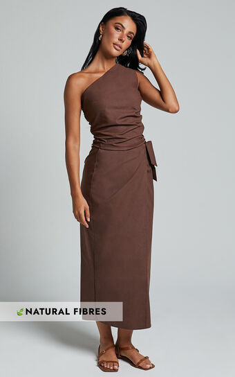 Genna Midi Skirt Linen Look Wrap in Chocolate Showpo Australia