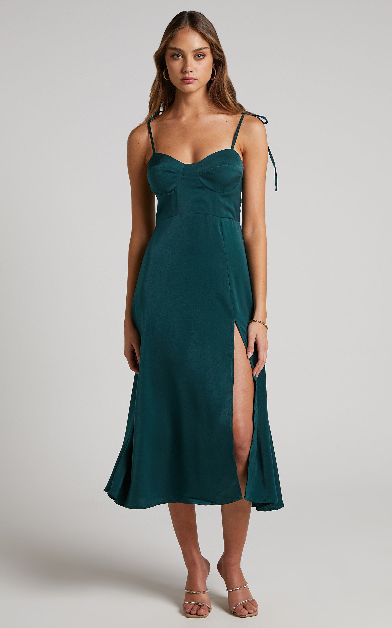 Ciello Midi Dress Tie Shoulder Sweetheart Dress in Emerald Showpo USA