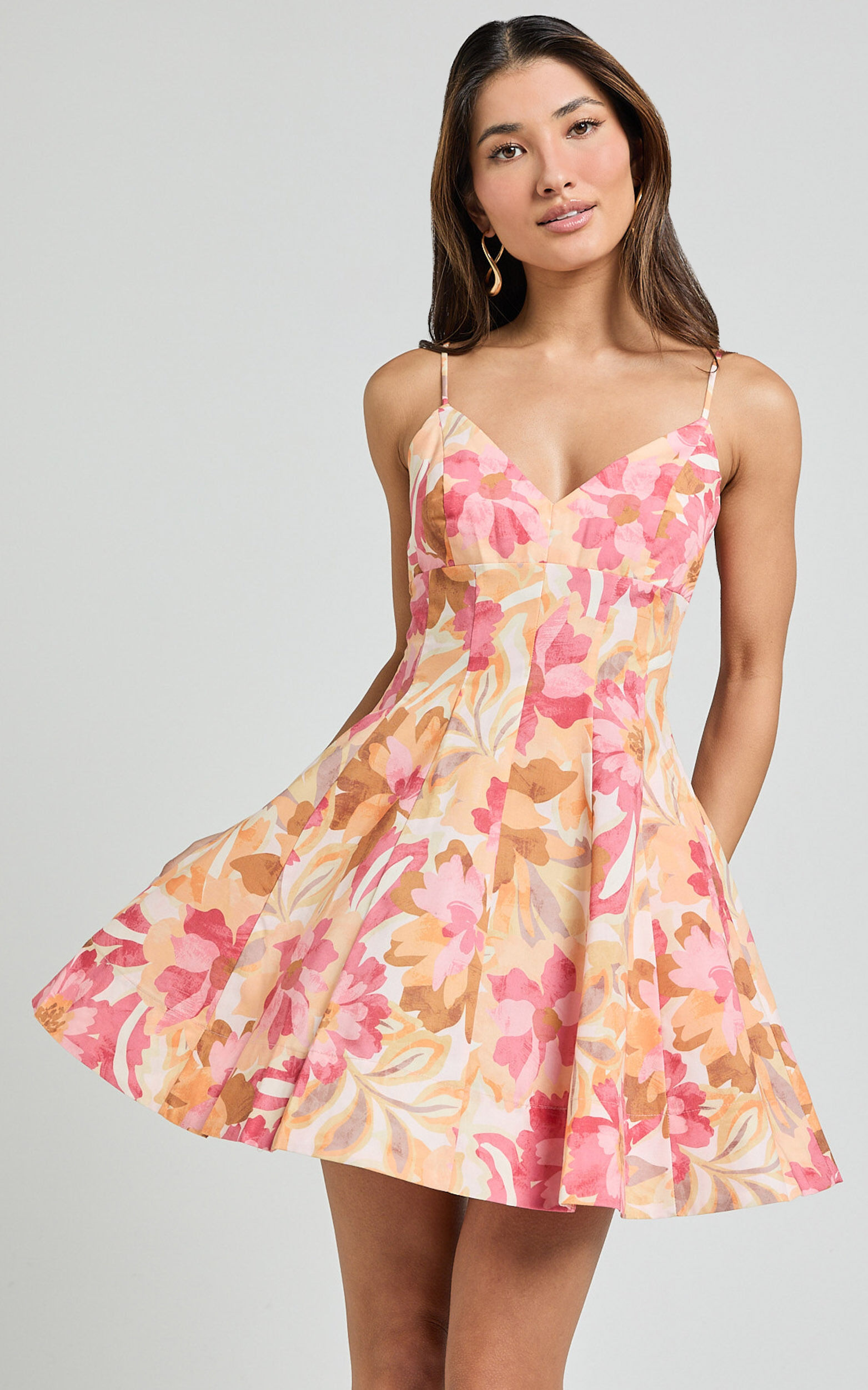 Carly Mini Dress - Strappy Bust A Line Dress in Sorbet Bloom Print - 06, ORG1