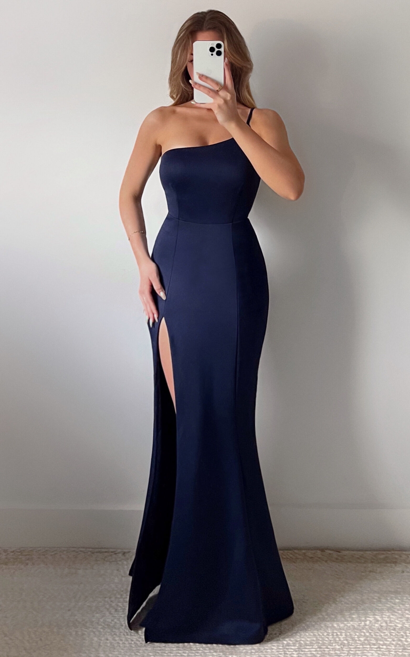 No Ones Fault Midi Dress One Shoulder Thigh Split Dress in Navy Showpo EU
