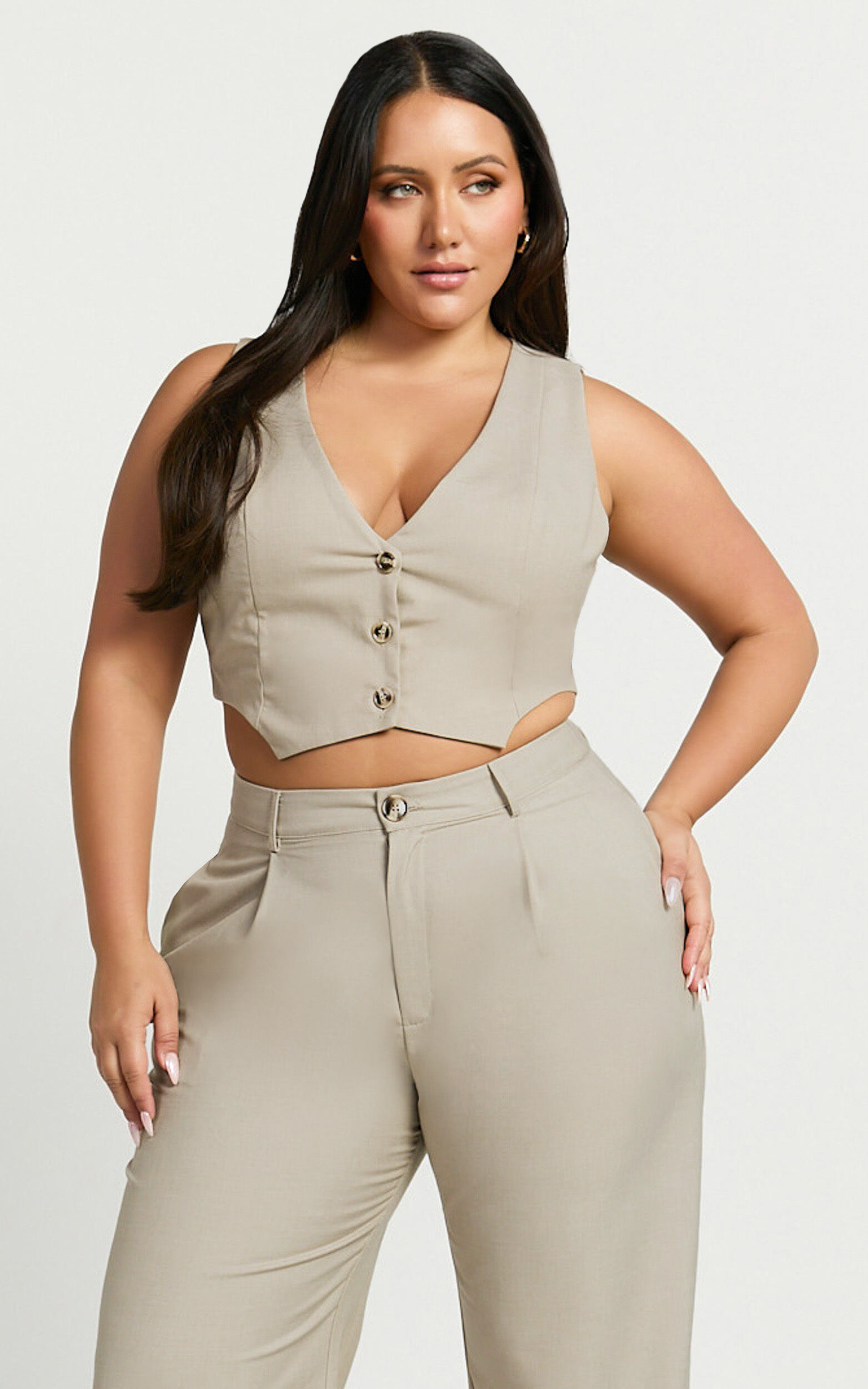 Izara Vest - V Neck Button Up Cropped Vest in Oatmeal | Showpo Izara Vest - V Neck Button Up Cropped Vest in Oatmeal | Showpo