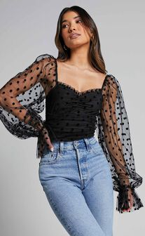 Venetia Bodysuit - Long Sleeve Spot Mesh Bodysuit in Black Spot