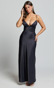 Cariela Midi Dress - Plunge Neck Satin Dress in Navy