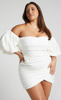 Betty Mini Dress - Off Shoulder Puff Sleeve Gathered Dress in White