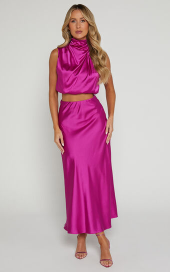 Kimora Two Piece Set - Halter Neck Top and High Waisted Skirt Two Piece Set in Magenta