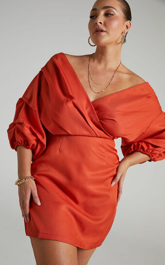 Anastasija Mini Dress - Off Shoulder V Neck Dress in Paprika