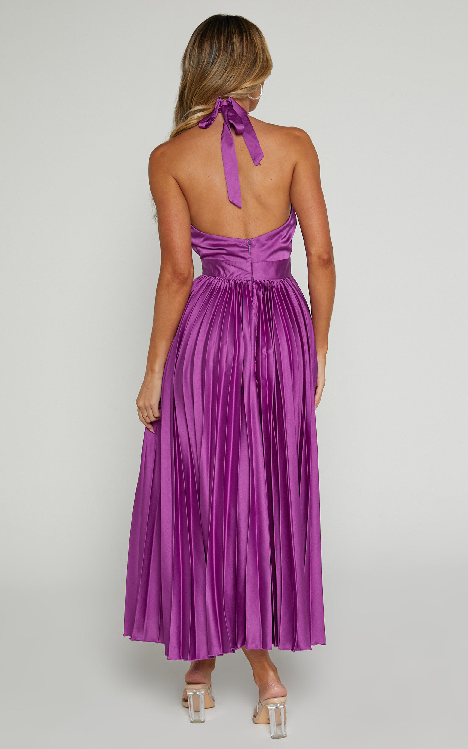 Eloise Midi Dress Halter Neck Pleated Dress in Grape Showpo EU