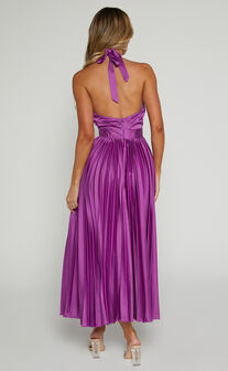 Eloise Midi Dress - Halter Neck Pleated Dress in Grape