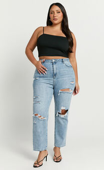 Billie Jeans - High Waisted Cotton Distressed Mom Denim Jeans in Mid Blue Wash