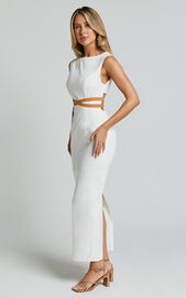 Glenda Midi Dress - High Neck Sleeveless Back Split Slip Dress in White ...