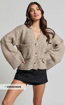 Becka Cardigan - Oversized Recycled Knitted Button Through Cardigan in Biscuit
