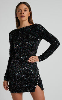 Tracy Mini Dress - Sequin Long Sleeve Backless Dress in Black