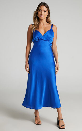 Kate V Neck Midi Slip Dress in Blue Satin