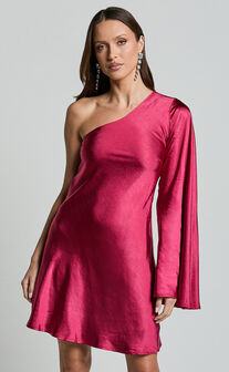 Karla Mini Dress - One Shoulder Long Sleeve Dress in Berry