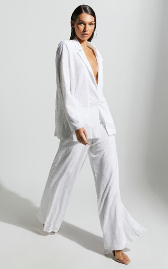 Looma Sequin Pants - High Waisted Super Wide Leg Pants in White