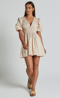 Francesca V Neck Puff Sleeves Mini Dress in Natural