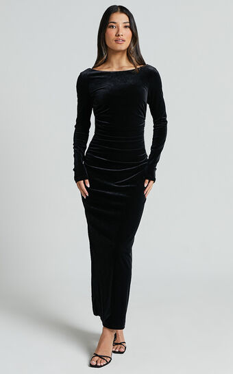 Mirabelle Midi Dress - Long Sleeve Back Cut Out Ruched Velvet Dress in Black