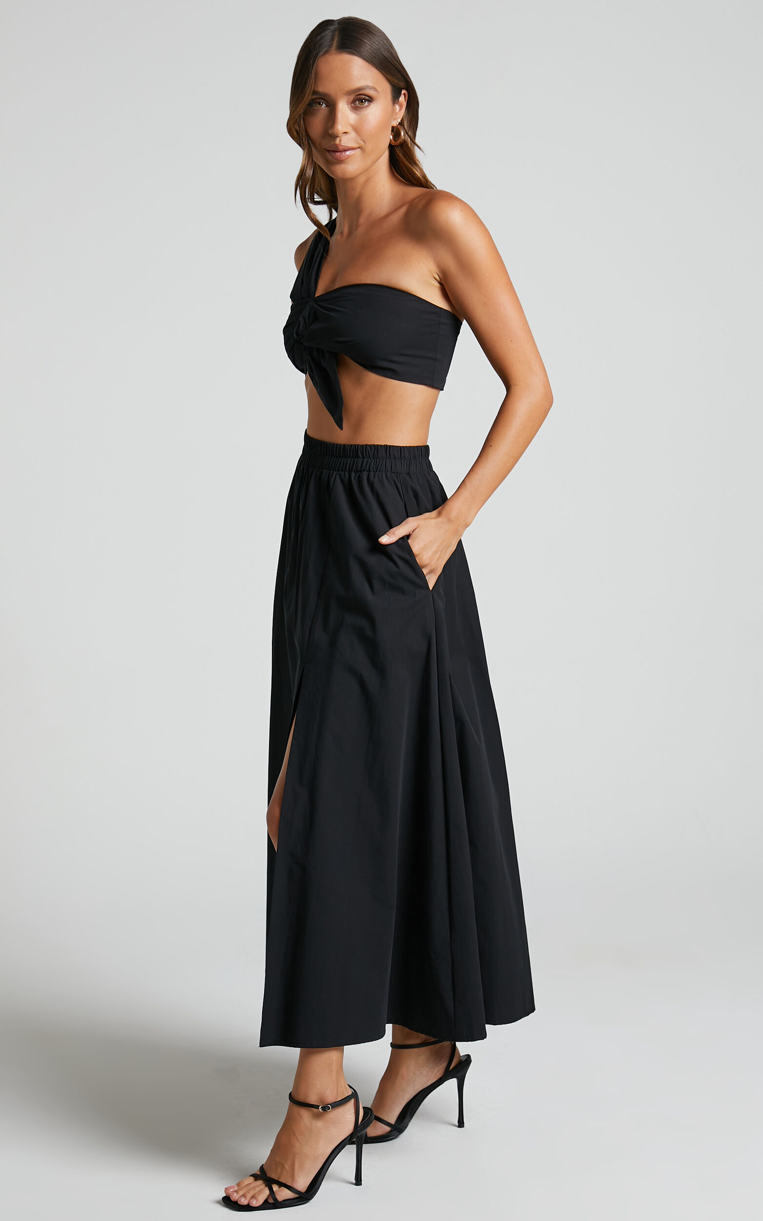 Sula Two Piece Set One Shoulder Bralette Crop Top and Midi Skirt Set in Black