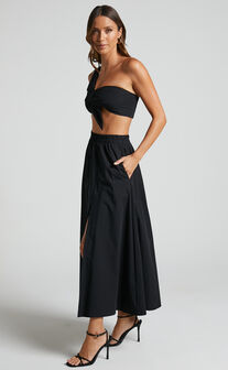 Sula Two Piece Set - One Shoulder Bralette Crop Top and Midi Skirt Set in Black