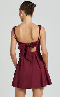 Ida Mini Dress - Wide Strap Straight Neck  bow back dress in Berry