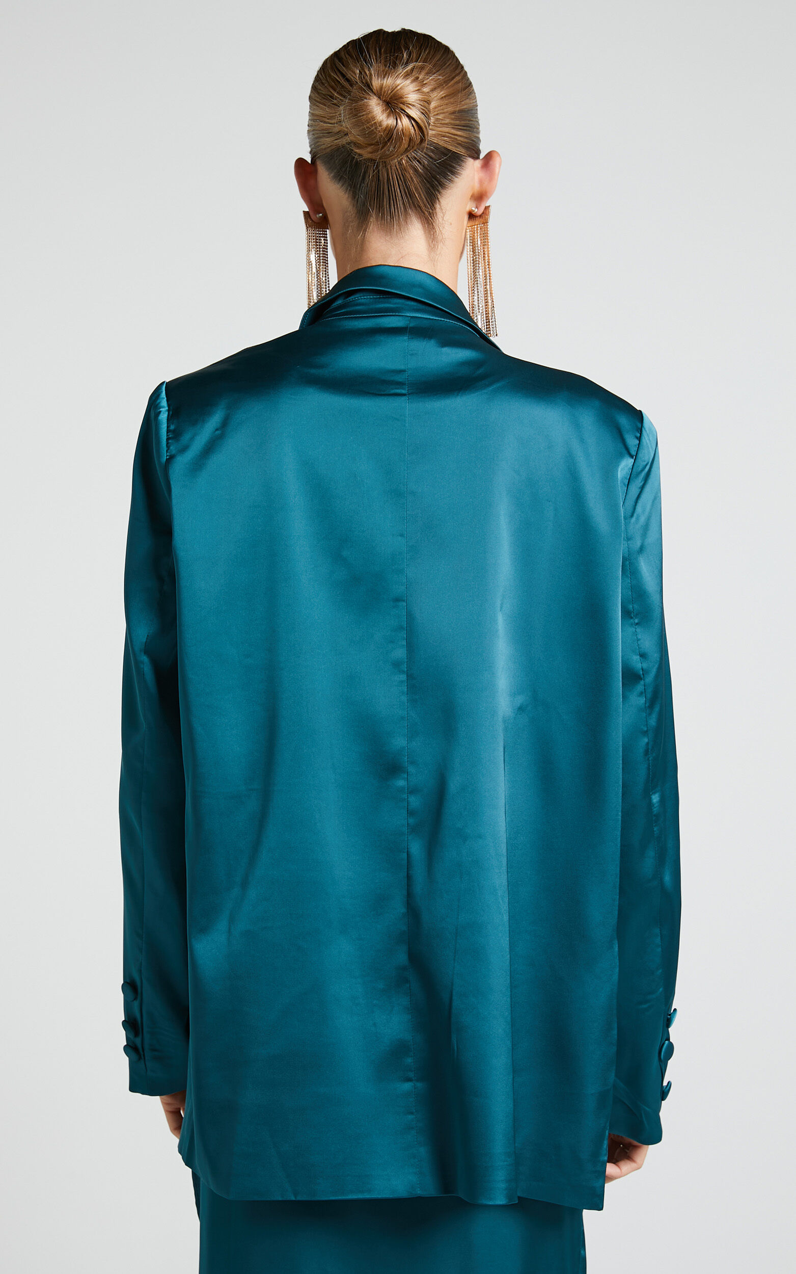 Hayien Blazer Single Breasted Longline Satin Blazer in Teal