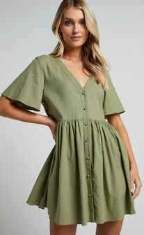 Staycation Mini Dress - Smock Button Up Dress in Khaki