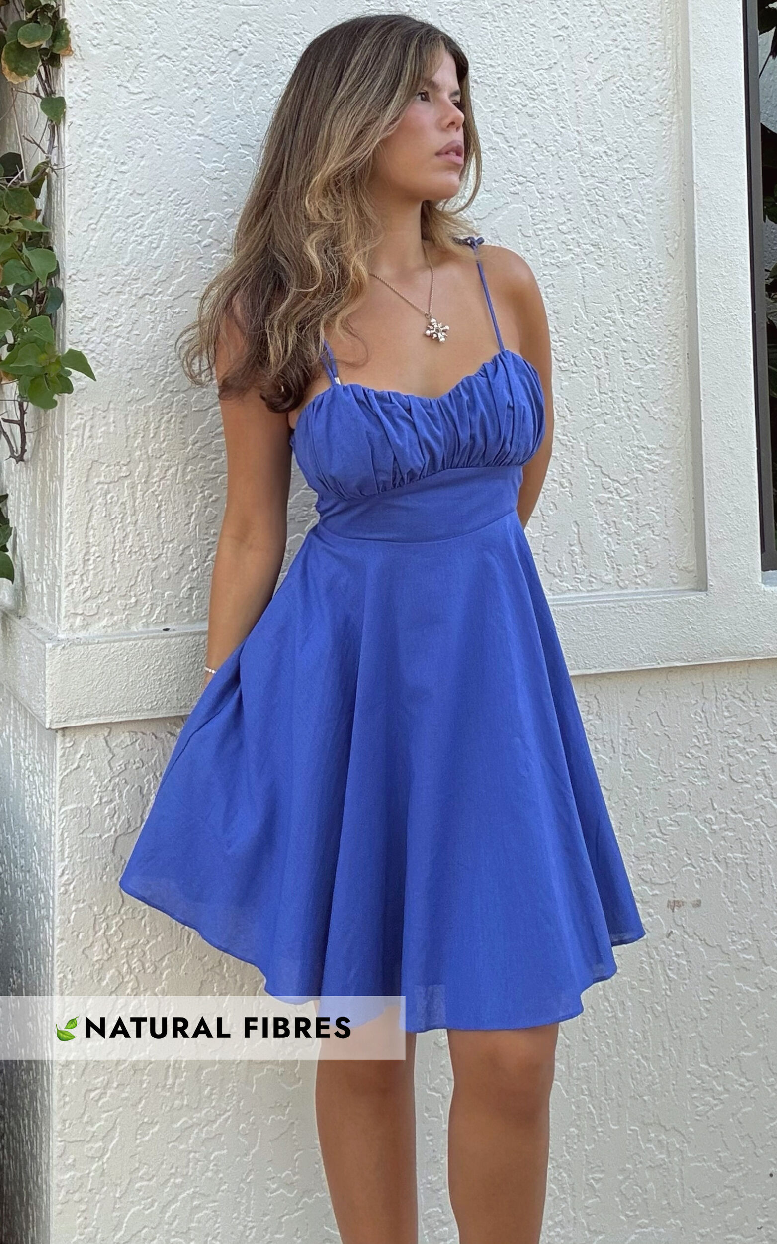 Leuven Mini Dress - Linen Look Empire Waist Dress in Blue - 06, BLU1