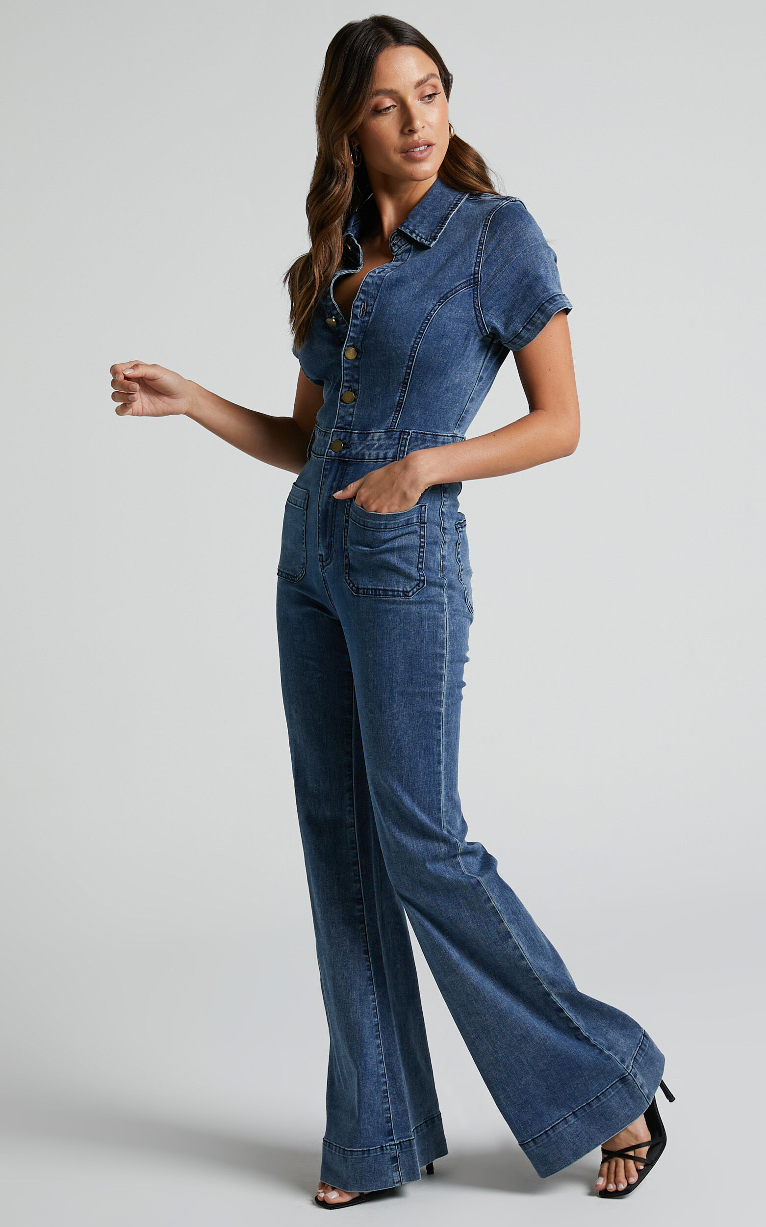 Short sleeve sales jean jumpsuit