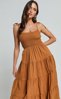 Angie Maxi Dress - Tie Strap Ruched Tiered Dress in Chocolate