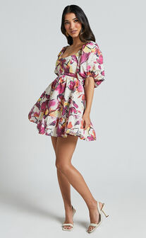 Gretchen Mini Dress - Puff Sleeve Babydoll Dress in Dahlia Dusk Floral